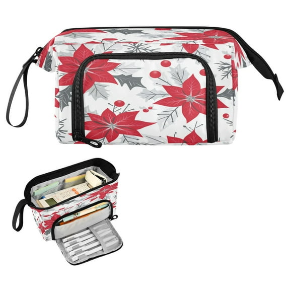 Nylon Fish Mouth Pencil Case with Large Capacity Zipper Pencil Pouch Red Poinsettia Pattern Pencil Bag Organizers