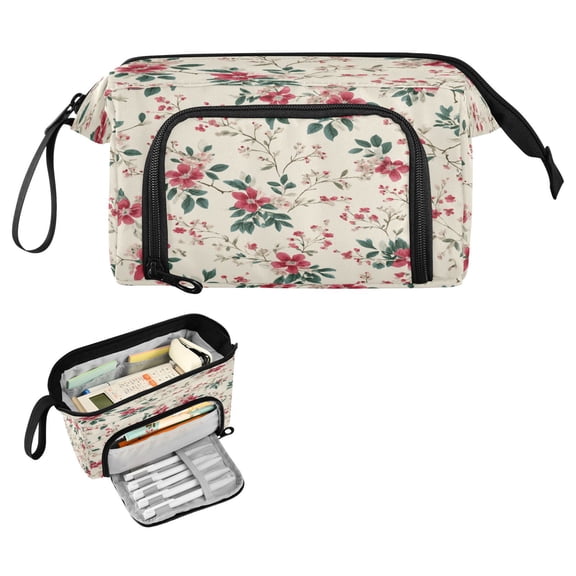 Nylon Fish Mouth Pencil Case with Large Capacity Zipper Pencil Pouch Red Small Floral Pattern Pencil Bag Organizers