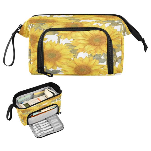 Nylon Fish Mouth Pencil Case with Large Capacity Zipper Pencil Pouch Sunflowers Pattern Pencil Bag Organizers