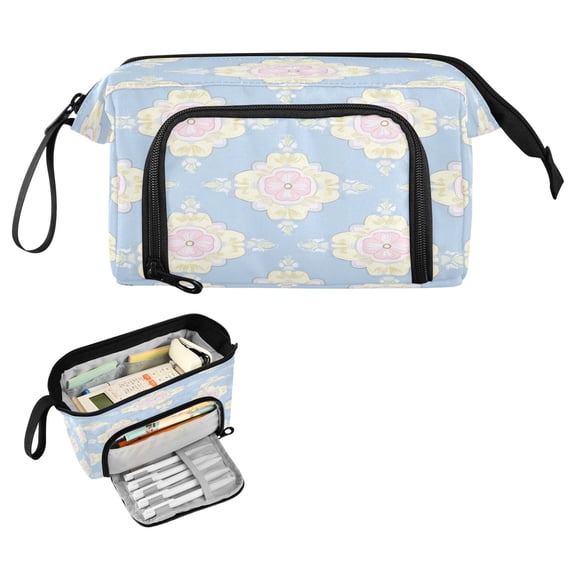Nylon Fish Mouth Pencil Case with Large Capacity Zipper Pencil Pouch Yellow Circular Flowers Pencil Bag Organizers