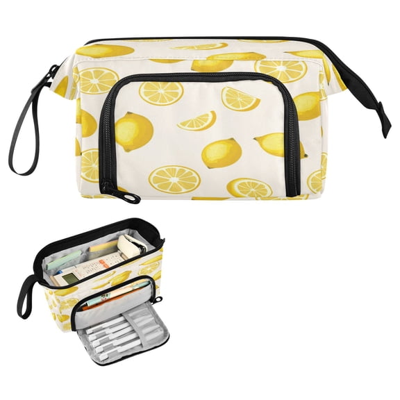 Nylon Fish Mouth Pencil Case with Large Capacity Zipper Pencil Pouch Yellow Lemon Pattern Pencil Bag Organizers