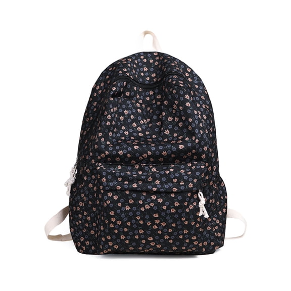 Nylon Floral Aesthetic Backpack, Korean Style College Satchel, Large Capacity Book Bag for Daily Commute, 16.93 Inch (Black)