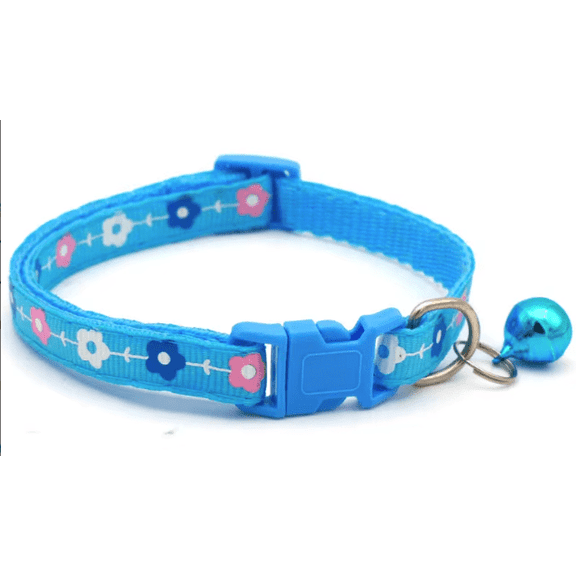 Nylon Flower Print Cat Collar, Blue, Adjustable, Quick-Release Buckle, Bell