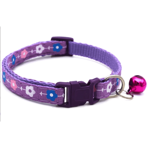 Nylon Flower Print Cat Collar, Purple, Adjustable, Quick-Release Buckle, Bell