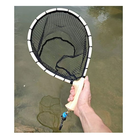 Nylon Fly Fishing Net ,Wooden Non-Slip Handle, Trout Mesh Tool, Fish Catch Release Scoop, Bent Handle Nets