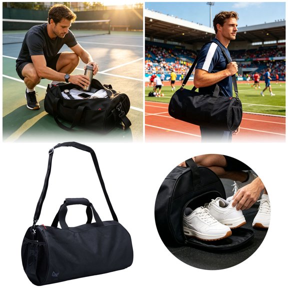 Nylon Gym Duffle Bag With Shoulder Strap & Shoe Mesh Pocket Travel Duffel Tote For Fitness Weekend Overnight Trip(Black-49Cm)