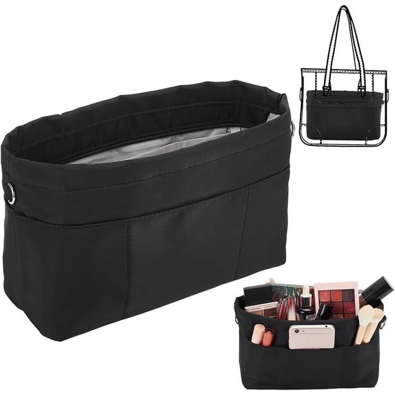 Nylon Handbag Organizer Insert Tote Bag Organizer Insert Multi-Pocket Bag Organizer Inside Large Bag Divider Zipper Insert Bag Black DIY