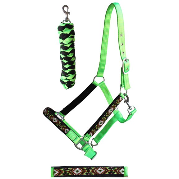 Nylon Horse Beaded Halter Nickle Plated Hardware w/ Lead Rope Tack Lime 606175LG