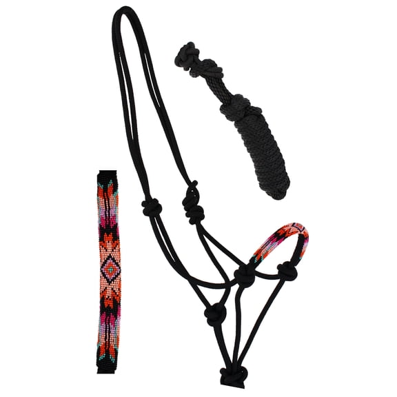 Nylon Horse Braided Beaded Noseband Rope HALTER Lead Rope Tack Black 606RT34