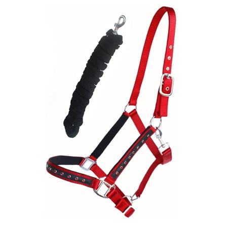 Nylon Horse Halter Hardware Padded Lead Rope Tack Red Rodeo Bling 606162RD