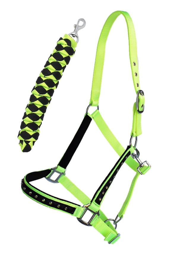 Nylon Horse Halter Nickel Hardware Padded Lead Rope Tack Lime Green 606162LG