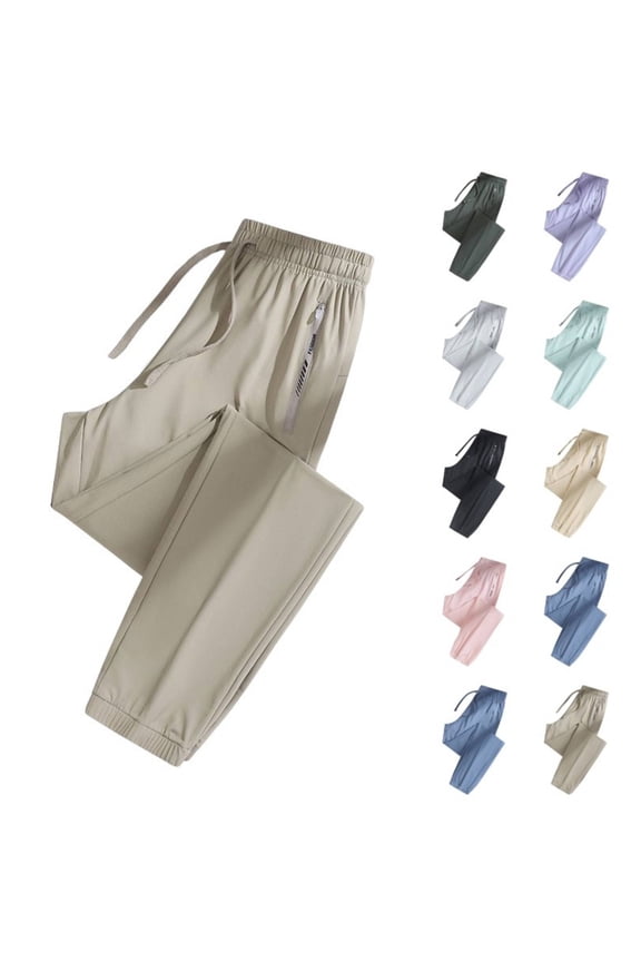 Nylon Ice Silk Travel Pants Womens with Pockets Wrinkle-Free Lightweight Quick Dry Pull On Pants Tapered Leg Comfort Fit Hiking Casual Over 50 Khaki S