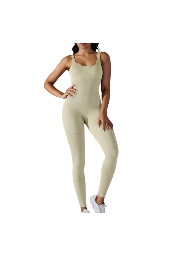 Nylon Jumpsuits for Women Bodysuit Ribbed Backless One Piece Slim Fit Unitard Athletic Outfits Summer Long Rompers (L, Beige)