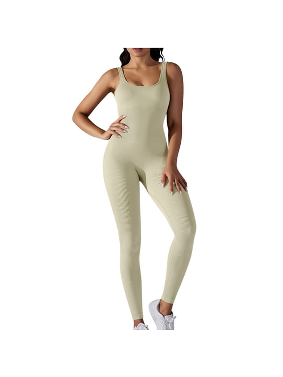Nylon Jumpsuits for Women Bodysuit Ribbed Backless One Piece Slim Fit Unitard Athletic Outfits Summer Long Rompers (L, Beige)