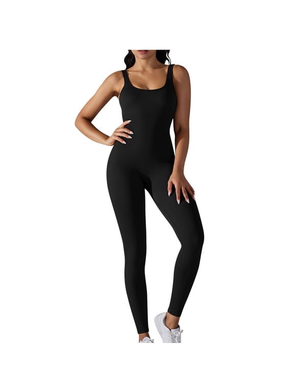 Nylon Jumpsuits for Women Bodysuit Ribbed Backless One Piece Slim Fit Unitard Athletic Outfits Summer Long Rompers (L, Black)