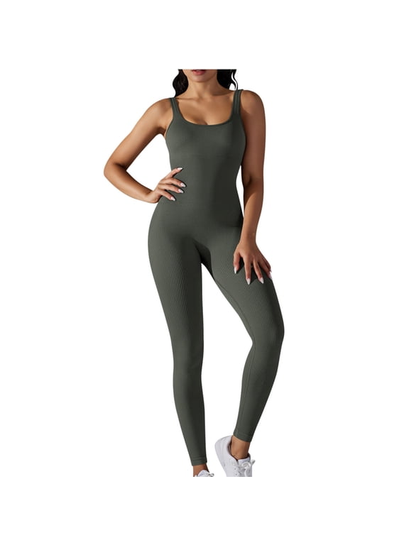 Nylon Jumpsuits for Women Bodysuit Ribbed Backless One Piece Slim Fit Unitard Athletic Outfits Summer Long Rompers (L, Dark Gray)