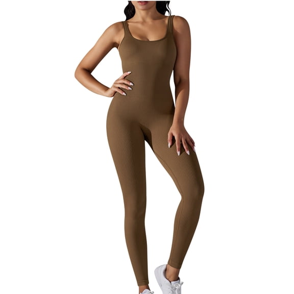 Nylon Jumpsuits for Women Bodysuit Ribbed Backless One Piece Slim Fit Unitard Athletic Outfits Summer Long Rompers (L, Khaki)