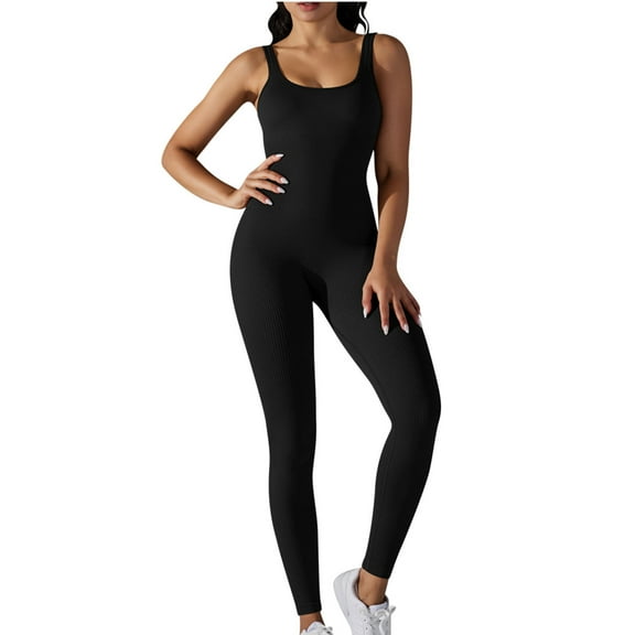 Nylon Jumpsuits for Women Bodysuit Ribbed Backless One Piece Slim Fit Unitard Athletic Outfits Summer Long Rompers (M, Black)