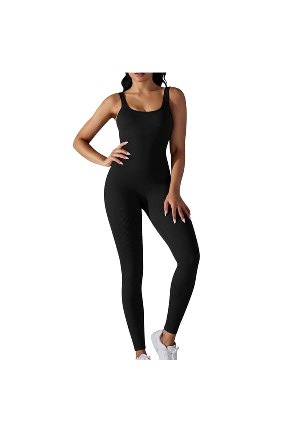 Nylon Jumpsuits for Women Bodysuit Ribbed Backless One Piece Slim Fit Unitard Athletic Outfits Summer Long Rompers (M, Black)