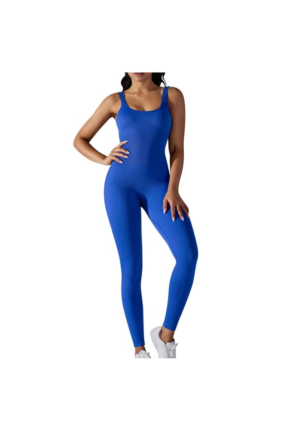 Nylon Jumpsuits for Women Bodysuit Ribbed Backless One Piece Slim Fit Unitard Athletic Outfits Summer Long Rompers (M, Blue)