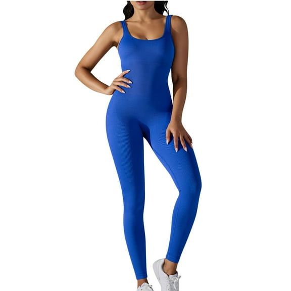 Nylon Jumpsuits for Women Bodysuit Ribbed Backless One Piece Slim Fit Unitard Athletic Outfits Summer Long Rompers (S, Blue)