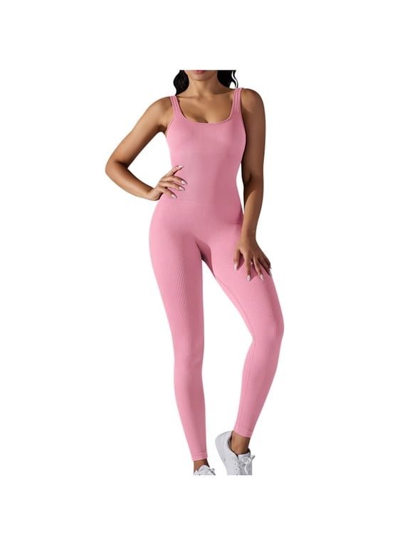 Nylon Jumpsuits for Women Bodysuit Ribbed Backless One Piece Slim Fit Unitard Athletic Outfits Summer Long Rompers (S, Pink)