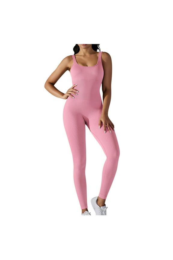 Nylon Jumpsuits for Women Bodysuit Ribbed Backless One Piece Slim Fit Unitard Athletic Outfits Summer Long Rompers (S, Pink)