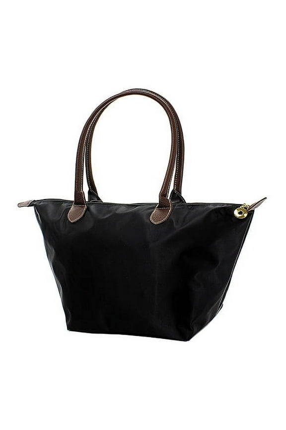 Nylon Medium Shopping Tote w/ Leather Like Handles - Black - BG-NL2016BK
