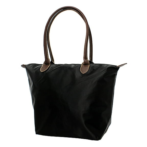 Nylon Medium Shopping Tote w/ Leather Like Handles - Black - BG-NL2017BK