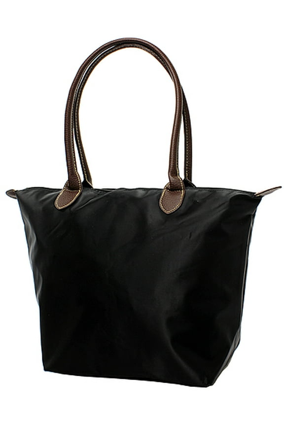 Nylon Medium Shopping Tote w/ Leather Like Handles - Black - BG-NL2017BK