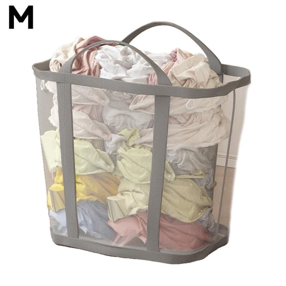 Medium Gray Mesh Laundry Basket, Foldable Toy and Clothes Storage Bag, Hanging Dirty Clothes Hamper for Bathroom and Washing Machine