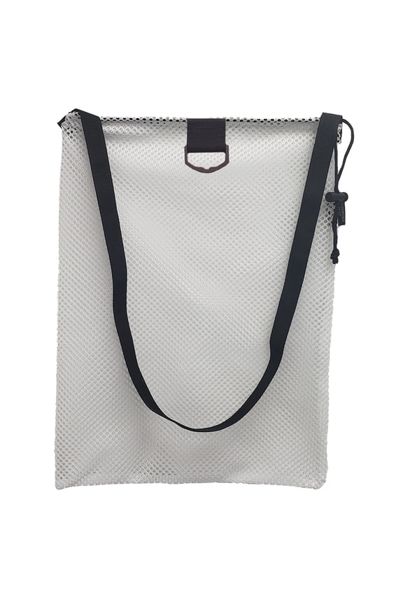 Nylon Mesh Drawstring Tote Bag with Shoulder Strap and D-Ring, Small, Approx. 15x20, White