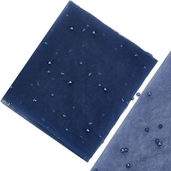 Nylon Mesh Fabric with Acrylic Imitation Pearl Beads for Dress Costumes Decoration Slate Blue 160x0.01~0.7cm