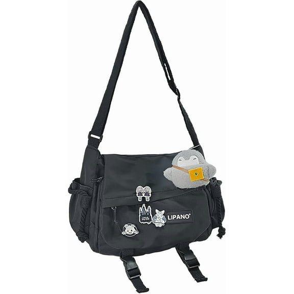 Nylon Messenger Bag Kawaii Crossbody Bag with Cute Pins Aesthetic Shoulder Bag for Women and Men