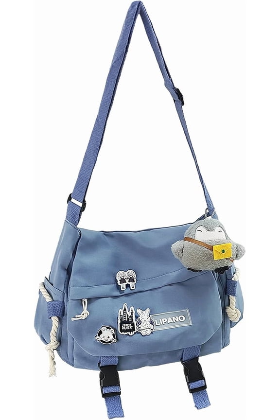 Nylon Messenger Bag Kawaii Crossbody Bag with Cute Pins Aesthetic Shoulder Bag for Women and Men