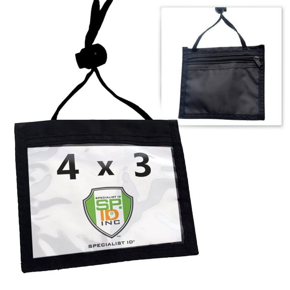 Nylon Neck Wallet Badge Holder with Lanyard - 4 X 3 Credential & Travel Badge Holder with 3 Pockets - Clear Plastic 4X3 Horizontal Window, Zipper Pouch + by Specialist ID (Black)