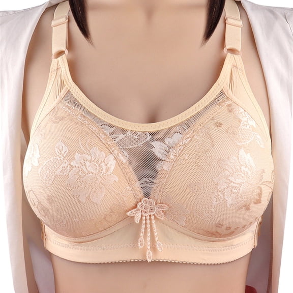 Nylon None Underwire Bras, Beige Women Large Size Underwire Bra, Plus Size No Steel Bra Thin Cotton Jacquard Push Up Underwear for Womens, 44C