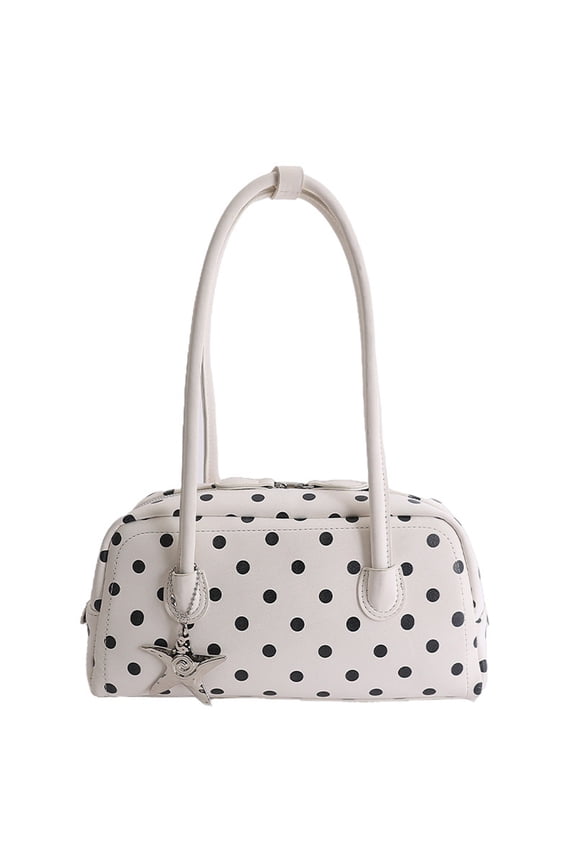 Nylon Polka Dots Bowler Bag Polka Dots Purse for Women Nylon Shoulder Bag Top Handle Tote Bag with Key Leash