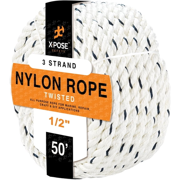 Nylon Poly Rope - 1/2 Inch Polyester & Nylon Rope 50' - Up to 10x Stronger Compared Natural Fiber or Polypropylene Rope - Synthetic 3 Strand Braided Rope - Low Stretch Indoor/Outdoor Cord Line