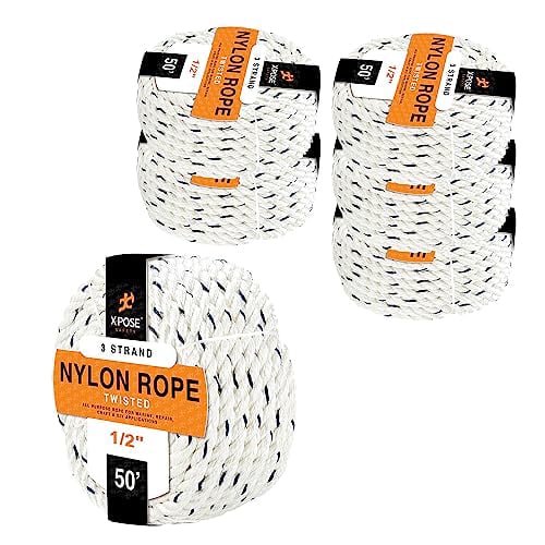 Nylon Poly Rope - 1/2 Inch Polyester & Nylon Rope 50' - Up to 10x Stronger Compared Natural Fiber or Polypropylene Rope - Synthetic 3 Strand Braided Rope - Low Stretch Indoor/Outdoor Cord Line 6 Pack