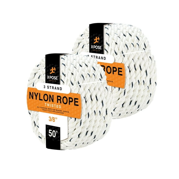 Nylon Poly Rope - 3/8 Inch Polyester & Nylon Rope 50', Up to 10x Stronger Compared to Natural Fiber or Polypropylene Rope - Synthetic 3 Strand Braided Rope, Low Stretch Indoor/Outdoor Cord Line 2 Pack