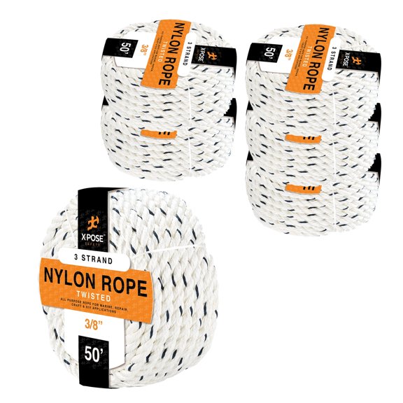 Nylon Poly Rope - 3/8 Inch Polyester & Nylon Rope 50', Up to 10x Stronger Compared to Natural Fiber or Polypropylene Rope - Synthetic 3 Strand Braided Rope, Low Stretch Indoor/Outdoor Cord Line 6 Pack