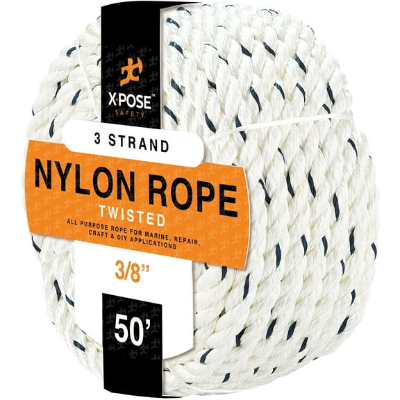 Nylon Poly Rope - 3/8 Inch Polyester & Nylon Rope 50' - Up to 10x Stronger Compared to Natural Fiber or Polypropylene Rope - Synthetic 3 Strand Braided Rope - Low Stretch Indoor/Outdoor Cord Line