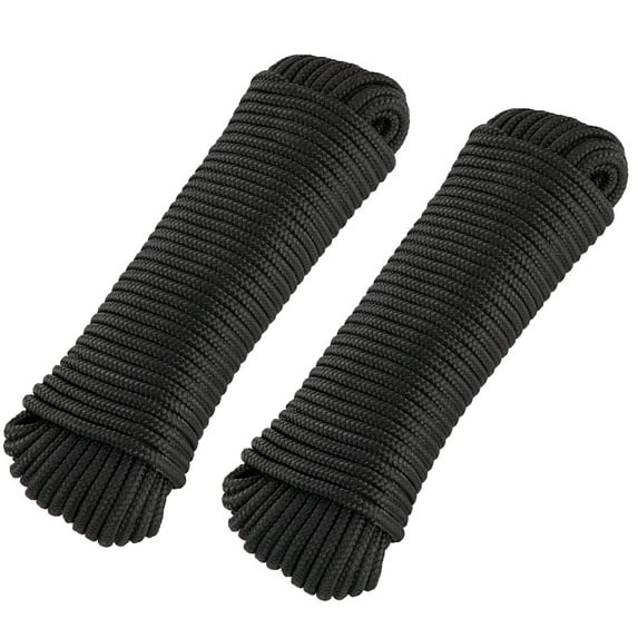 Nylon Rope 1/4 inch by 50 Ft - Use for Flag Pole Rope Replacement, Marine Rope, Hiking, and Camping Rope - Strong Outdoor Rope for Laundry Line, Tie, Pull, Swing, and More - Black Rope - 2 Pack