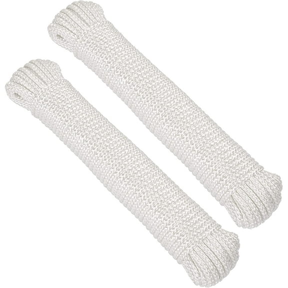 Nylon Rope Braided 100 X 3/16 Low Stretch All-Purpose High Strength, Lightweight and Durable Clothes Line, Multi Utility Cord, Household Essential Strand for Garden, Tie Pull Knot - By RamPro (2 PK)