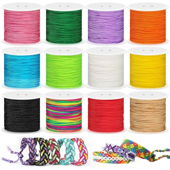 Nylon Satin String, 12 Rolls Satin Rattail Cord Beading String for DIY, Necklace Cord,Braided Bracelets, Pendants Necklace, Keychains Lanyards, Drawstring Bags, Beading Multicolors(12 Colors)