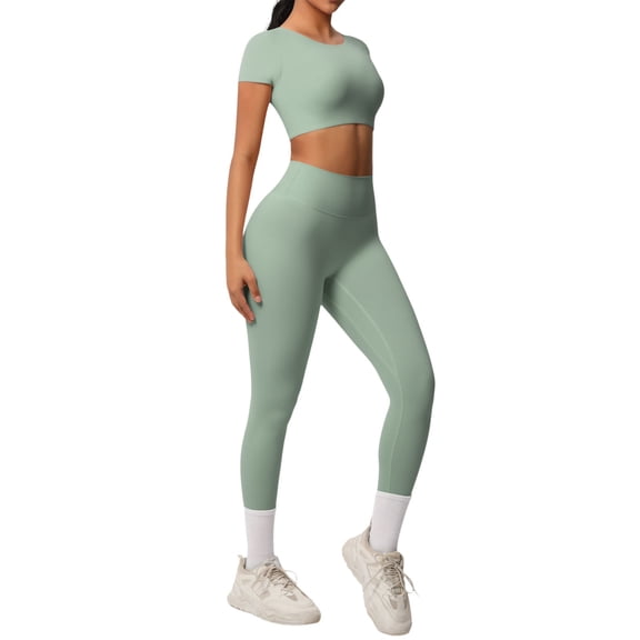 Nylon Solid Color Breathable Yoga Workout Running Gym Fitness Short Sleeve with High Waist Leggings Two Piece Outfit Green S