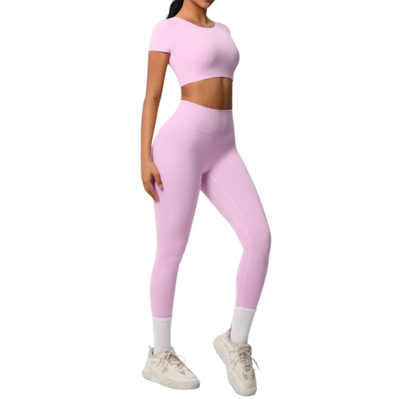 Nylon Solid Color Breathable Yoga Workout Running Gym Fitness Short Sleeve with High Waist Leggings Two Piece Outfit Pink S