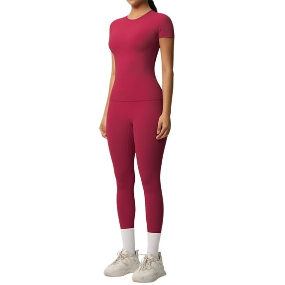 Nylon Solid Color Breathable Yoga Workout Running Gym Fitness Short Sleeve with High Waist Leggings Two Piece Outfit Red Xl