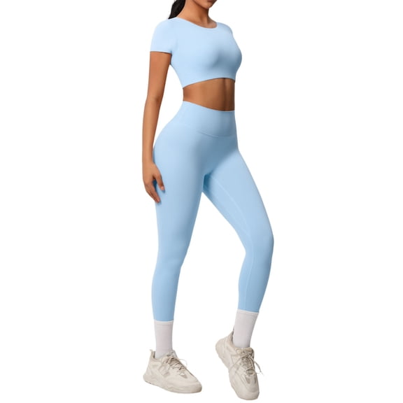 Nylon Solid Color Breathable Yoga Workout Running Gym Fitness Short Sleeve with High Waist Leggings Two Piece Outfit Sky Blue L